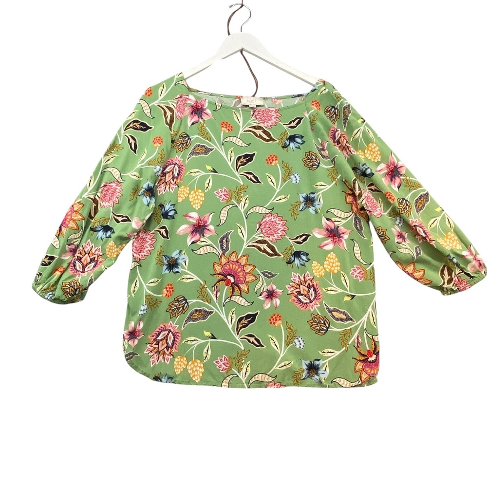 Loft Outlet Womens Green Floral Boat Neck 3/4 Puff Sleeve Rayon Blouse Size L - Picture 2 of 10